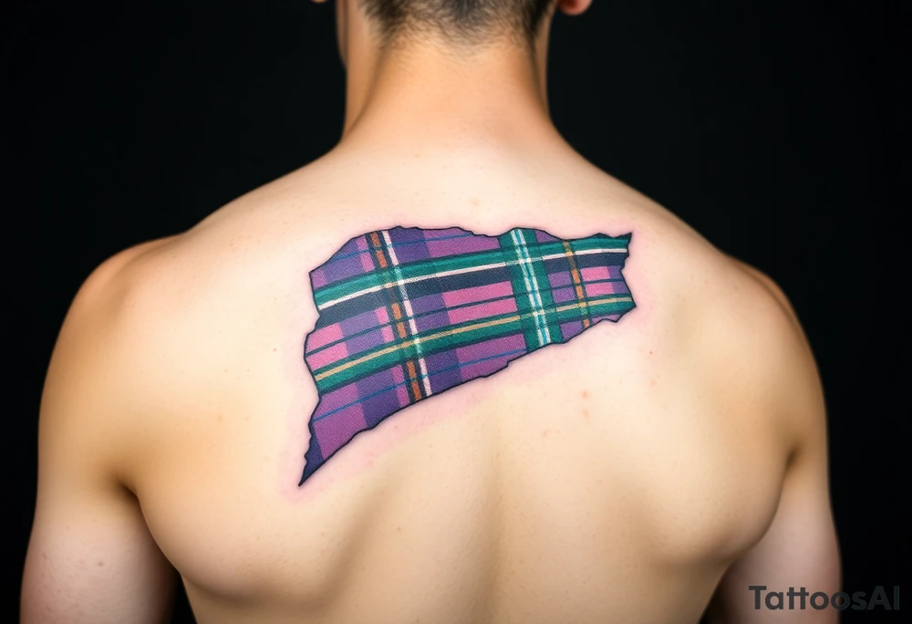 arm Dark Purple with green pink blue and white highlights tartan fabric with flesh peeling away at edges tattoo idea