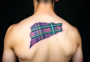 arm Dark Purple with green pink blue and white highlights tartan fabric with flesh peeling away at edges tattoo idea