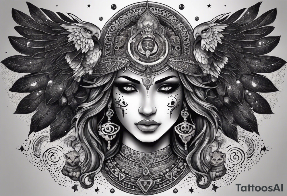 black kali, goddess pirate, alien, angel, pachamama, valkrye, warrior, flying, skull, lotus azul, wing, eagle, zenza resonance, stars, 5D, anahata chakra, death, durga, riding on a tiger, flying lady, kundalini, chest tatoo, samuri, rebel,serpent tattoo idea