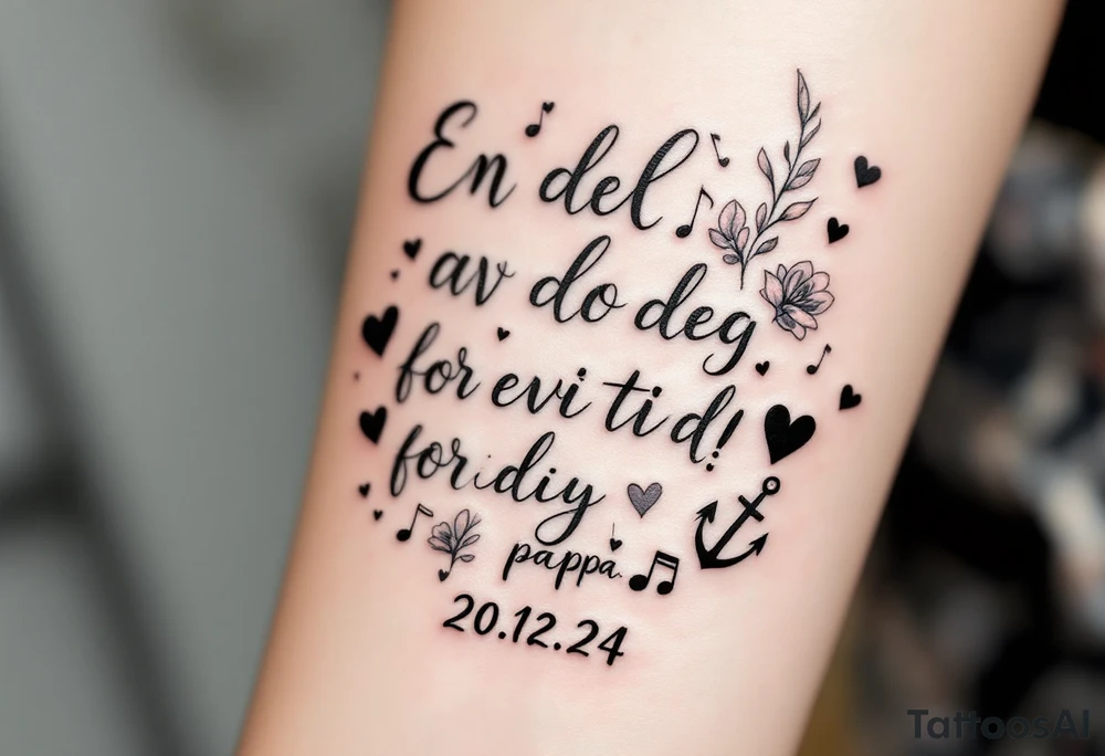 Quote in two rows; En del av deg for evig tid! Pappa, 20.12.24. Surround the quote with long gladioluses, music notes, hearts and an anchor tattoo idea