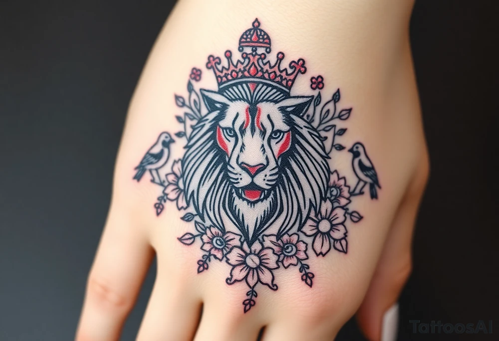 powerful majestic lion with a crown, surrounded by floral ornaments and birds tattoo idea