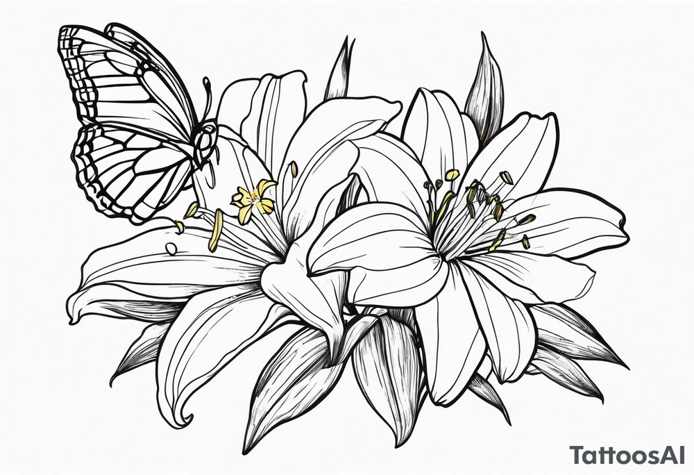 Fine line
lily daisy and daffodil bouquet with butterfly 6-8 inches bi tattoo idea