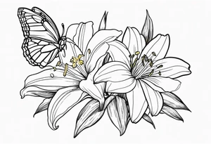 Fine line 
lily daisy and daffodil bouquet with butterfly 6-8 inches bi tattoo idea