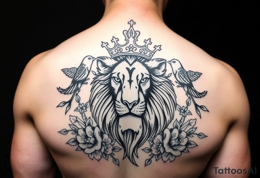 powerful majestic lion with a crown, surrounded by floral ornaments and birds tattoo idea