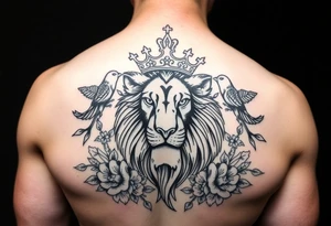 powerful majestic lion with a crown, surrounded by floral ornaments and birds tattoo idea