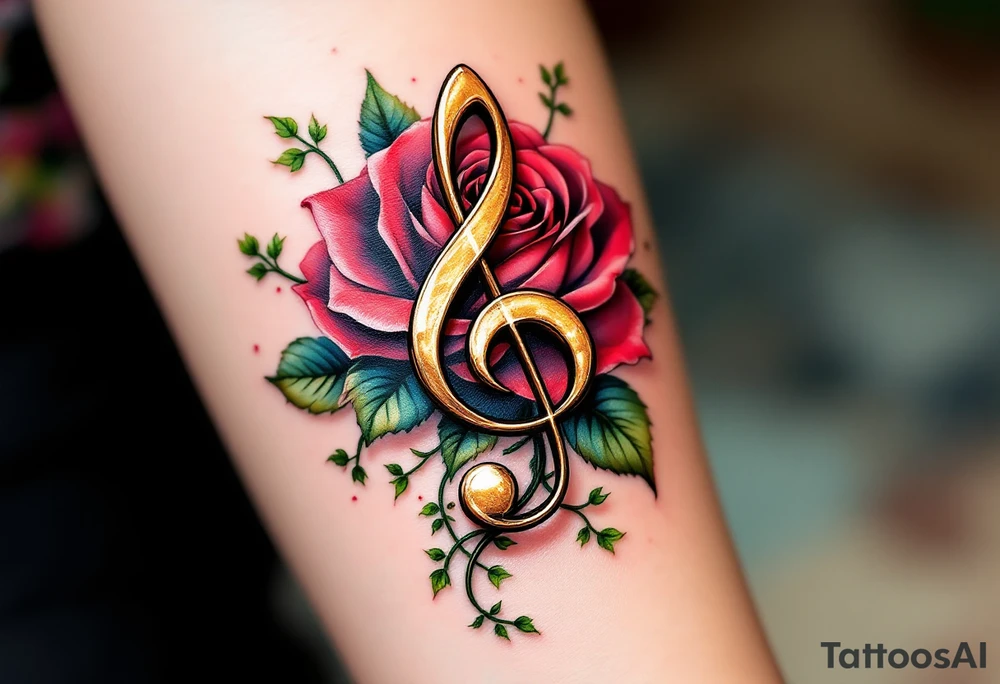 A metallic gold treble clef pierced through a crimson rose, with green ivy vines coiling around it and subtle shading in black and burgundy for depth and elegance. tattoo idea