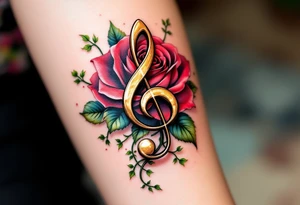 A metallic gold treble clef pierced through a crimson rose, with green ivy vines coiling around it and subtle shading in black and burgundy for depth and elegance. tattoo idea