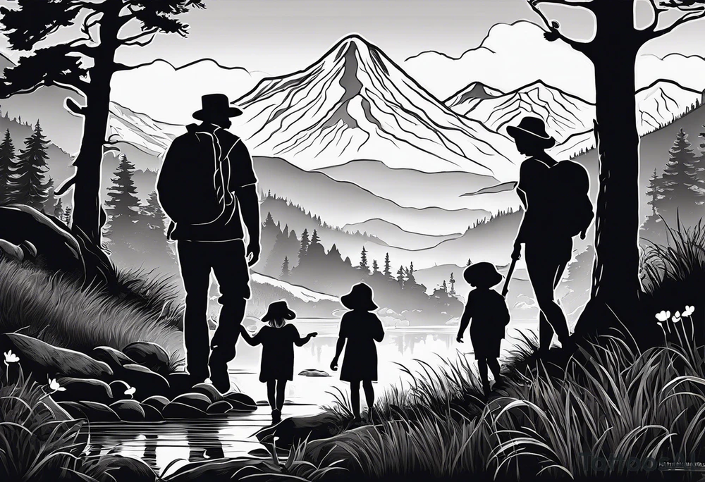 Family silhouette of a father, a mother, oldest son, middle daughter, and small daughter foraging mushrooms with mountains and creek in background tattoo idea