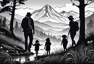 Family silhouette of a father, a mother, oldest son, middle daughter, and small daughter foraging mushrooms with mountains and creek in background tattoo idea