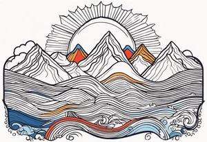 a simple red, blue, orange, and yellow sun w/ mountains tattoo idea