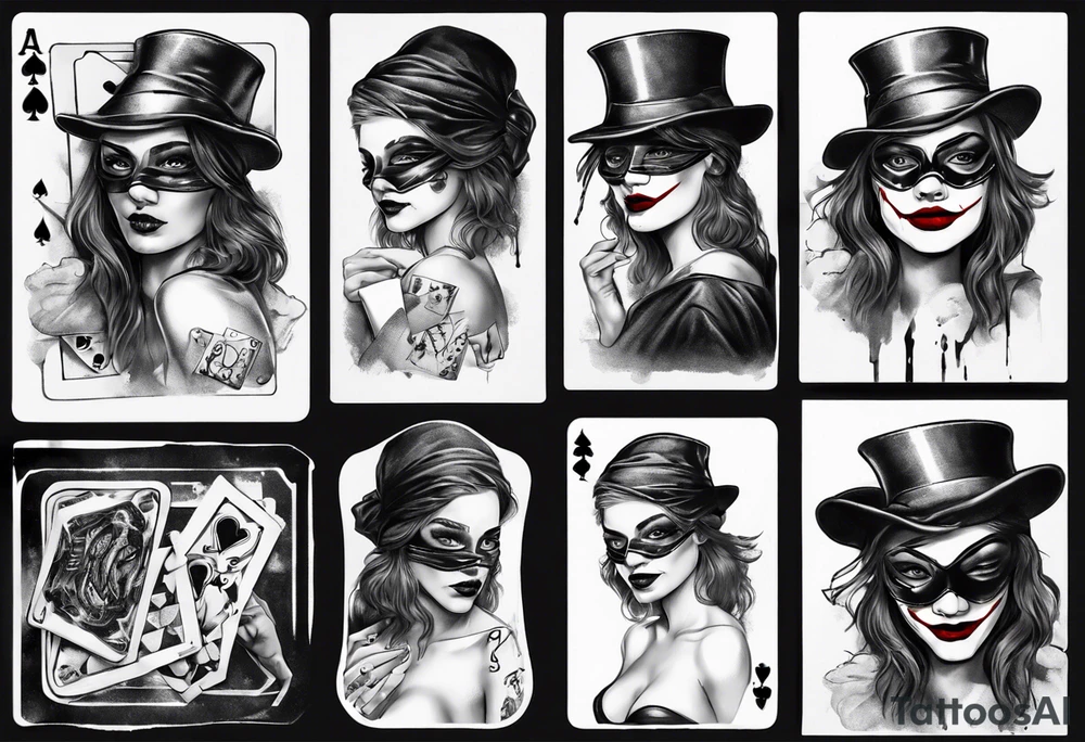Blindfold girl with card joker tattoo idea