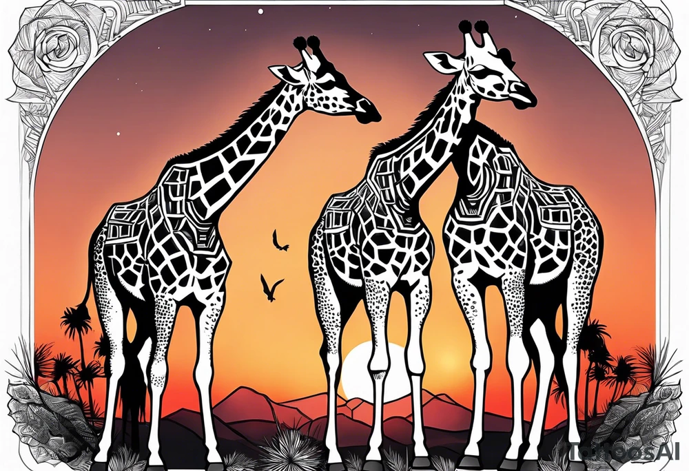 Two young giraffes standing in front of a sunset with one having a halo over its head tattoo idea