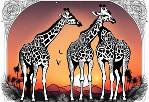 Two young giraffes standing in front of a sunset with one having a halo over its head tattoo idea