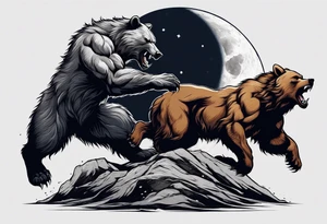 Muscular werewolf and muscular bear fighting under a moon tattoo idea