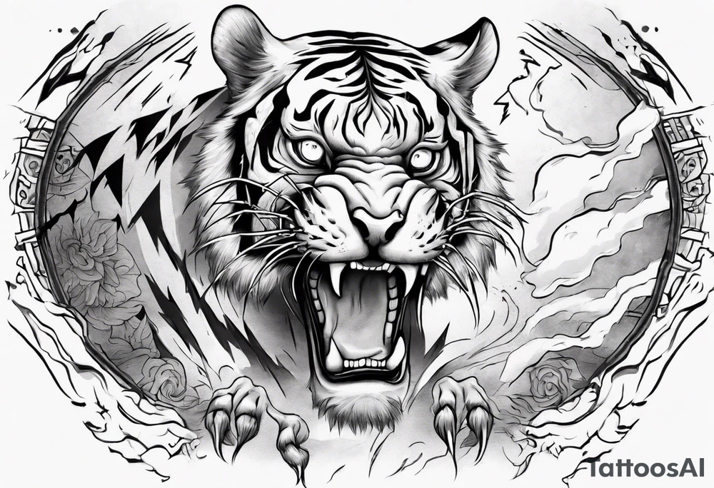 Ancient tiger with lightning and a sun for a forearm sleeve. With patterns surrounding it tattoo idea