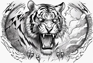 Ancient tiger with lightning and a sun for a forearm sleeve. With patterns surrounding it tattoo idea