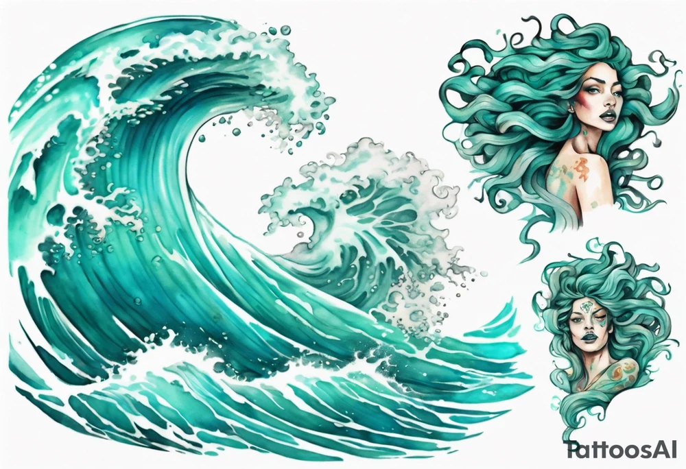 a beautiful turquoise gorgon emerging from an ocean wave, crashing onto the shore tattoo idea