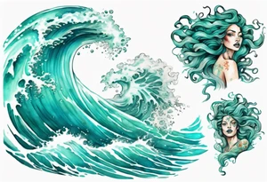 a beautiful turquoise gorgon emerging from an ocean wave, crashing onto the shore tattoo idea