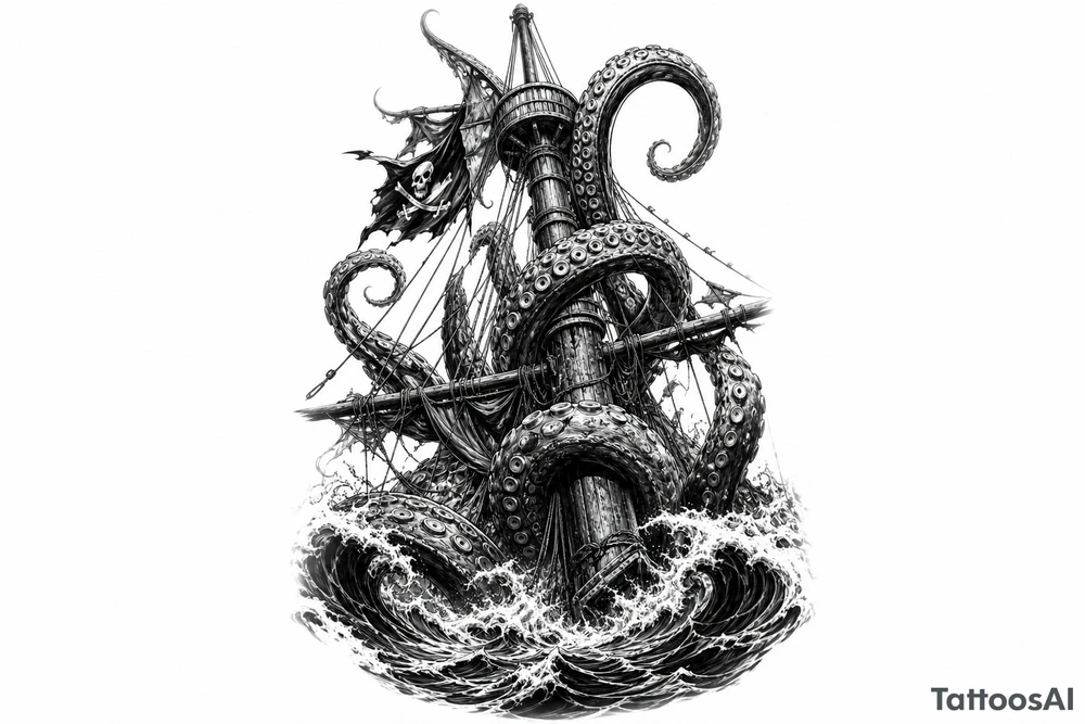 Close-up on a pirate ship's mast being ensnared by colossal kraken tentacles, dark, turbulent ocean waves, high contrast tattoo idea