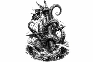 Close-up on a pirate ship's mast being ensnared by colossal kraken tentacles, dark, turbulent ocean waves, high contrast tattoo idea