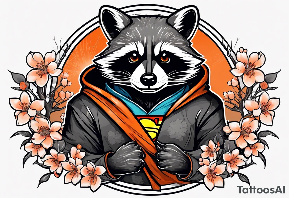 Raccoon wearing a white Superman logo on a black hoodie and orange Japanese cherry blossoms tattoo idea