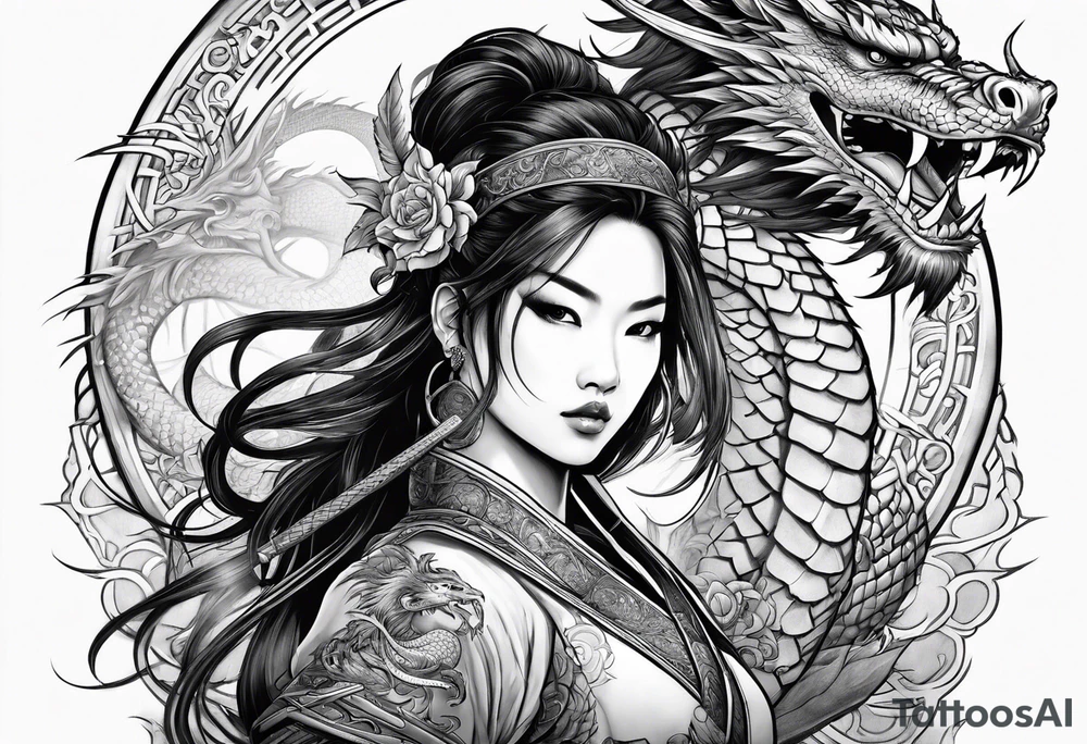 asian warrior princess with swords and a dragon partner tattoo idea