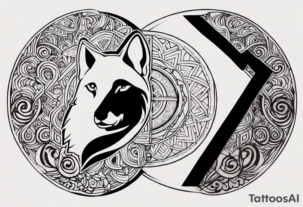 a tattoo whose main theme is balance but also resembles new begining, strong willpower, peace and loyalty. This should be for the front part of the shoulder. maybe add the ying-yang symbol somewhere in the tattoo. Tattoo should have an equal amount of blue and red along with the overall tattoo being black. In corporate a wolf into the tattoo, make sure it resembles ing and yang. wolf needs to look dangerous tattoo idea