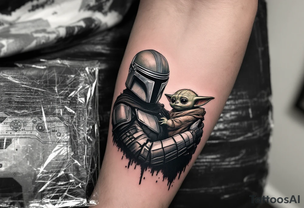 Mandolorian is holding baby yoda tattoo idea