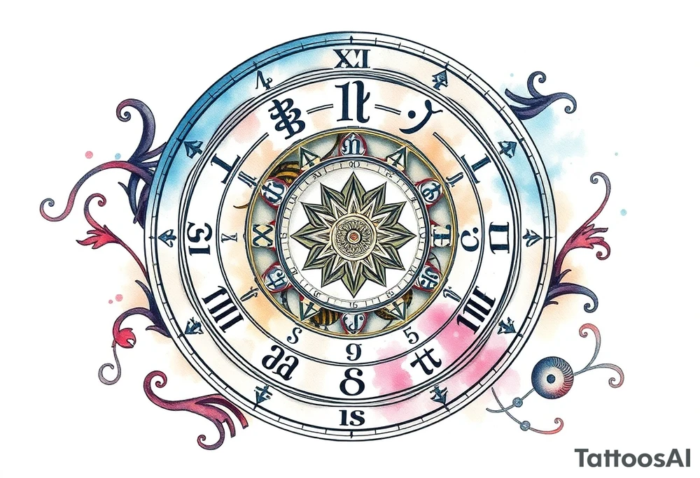 zodiac symbols runes within ornate clockwork mechanism tattoo idea