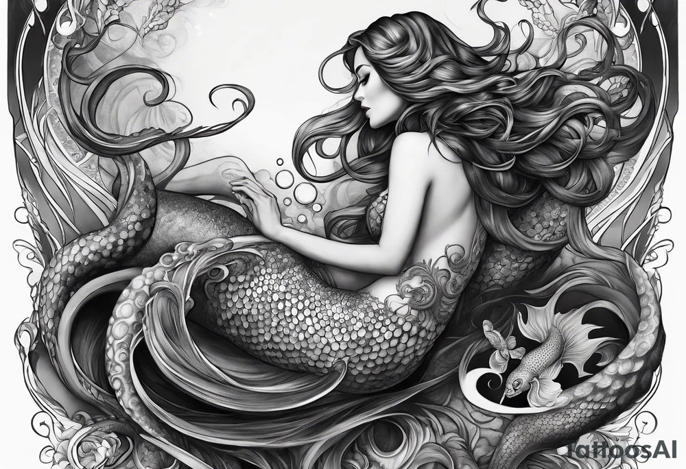 Octopus looking up at a mermaid in the ocean wrap around entire bottom of lower leg. tattoo idea