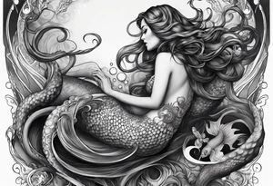 Octopus looking up at a mermaid in the ocean wrap around entire bottom of lower leg. tattoo idea