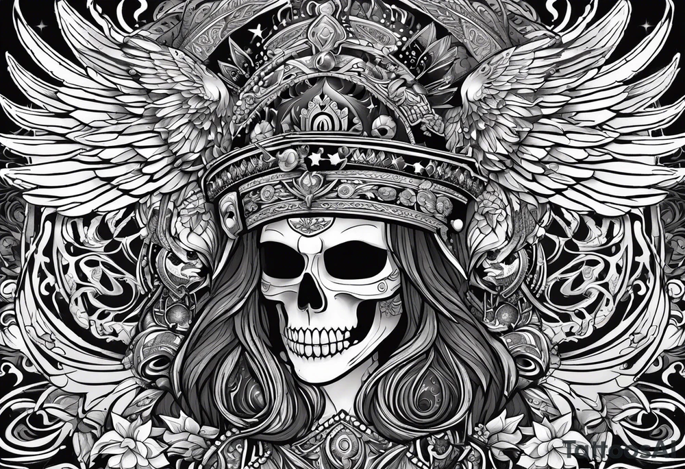black kali, goddess pirate, alien, pachamama, valkrye, warrior, skull, lotus azul, wing, eagle, zenza resonance, stars, 5D tattoo idea