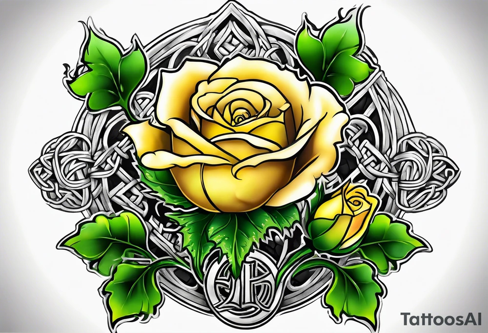 A Scottish thistle, a yellow rose and a shamrock with stems intertwined spelling KND in celtic lettering tattoo idea