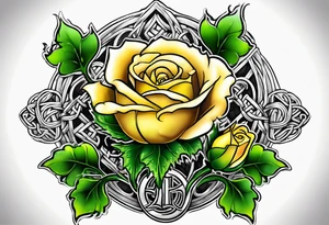 A Scottish thistle, a yellow rose and a shamrock with stems intertwined spelling KND in celtic lettering tattoo idea