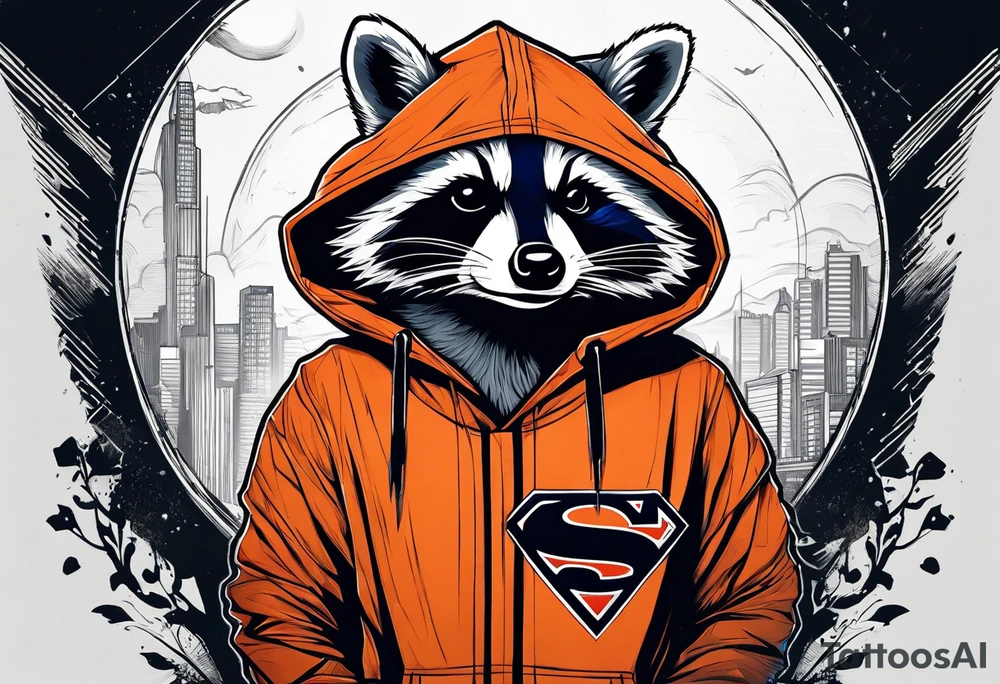 Raccoon wearing an orange Superman hoodie tattoo idea