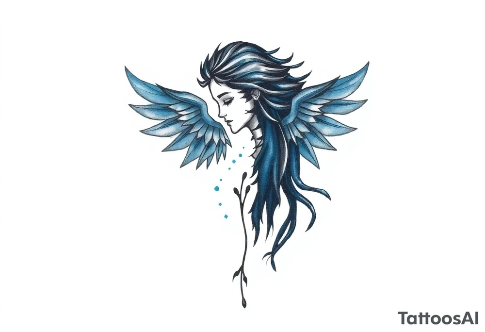 A minimalist tattoo that represents a shattered and betrayed gemini woman who fought hard throughout this year. With colors blue and black. Make it unique and rare. Without leaves and stem. tattoo idea