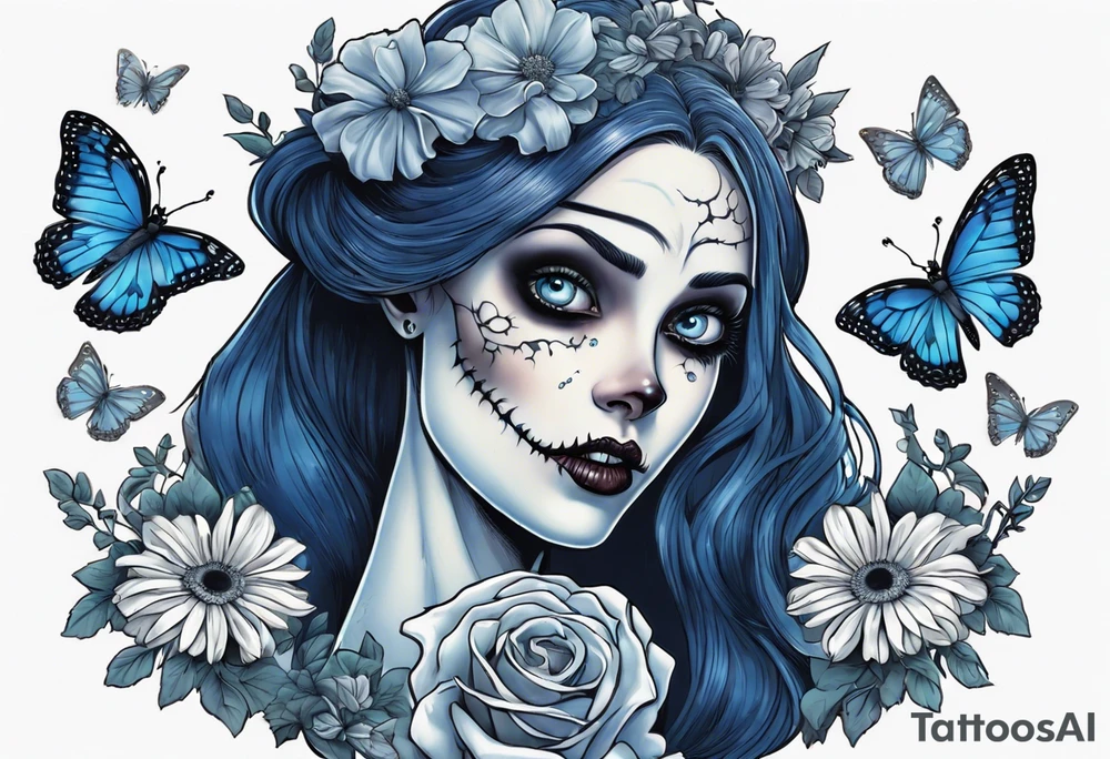 corpse bride Emily holding a bouquet of flowers. one white daisy in the bouquet. one blue butterfly. A full moon on the background. full grown tattoo idea