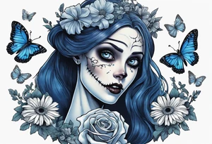 corpse bride Emily holding a bouquet of flowers. one white daisy in the bouquet. one blue butterfly. A full moon on the background. full grown tattoo idea