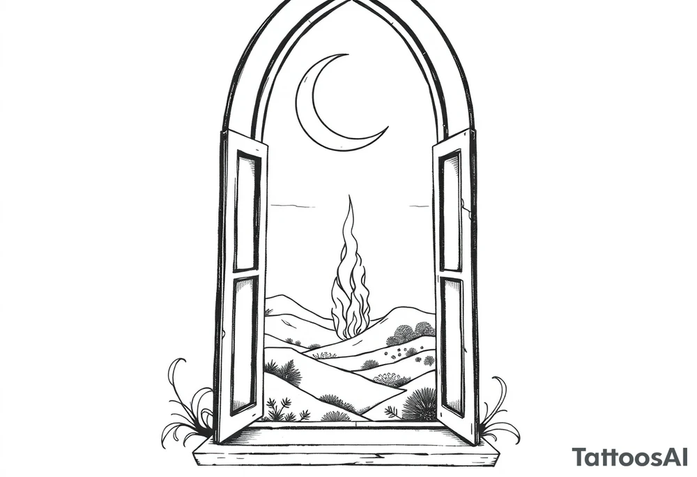 Tall church window with stained glass showcasing crescent moon over a hilly landscape as a fire burns in the distance tattoo idea