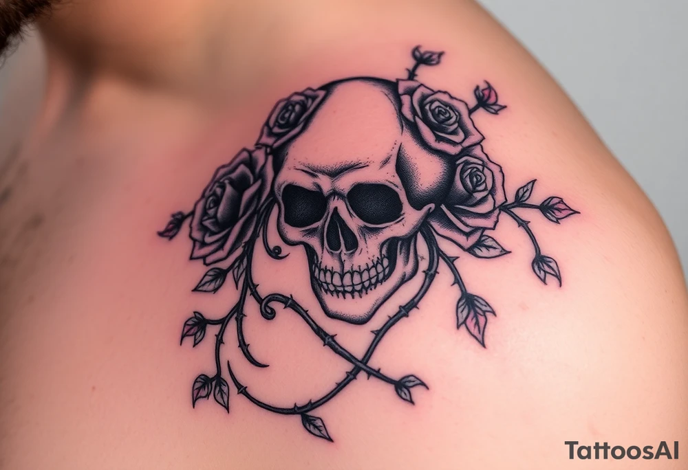 gothic skull intertwined with climbing roses and thorny vines tattoo idea
