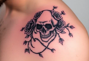 gothic skull intertwined with climbing roses and thorny vines tattoo idea