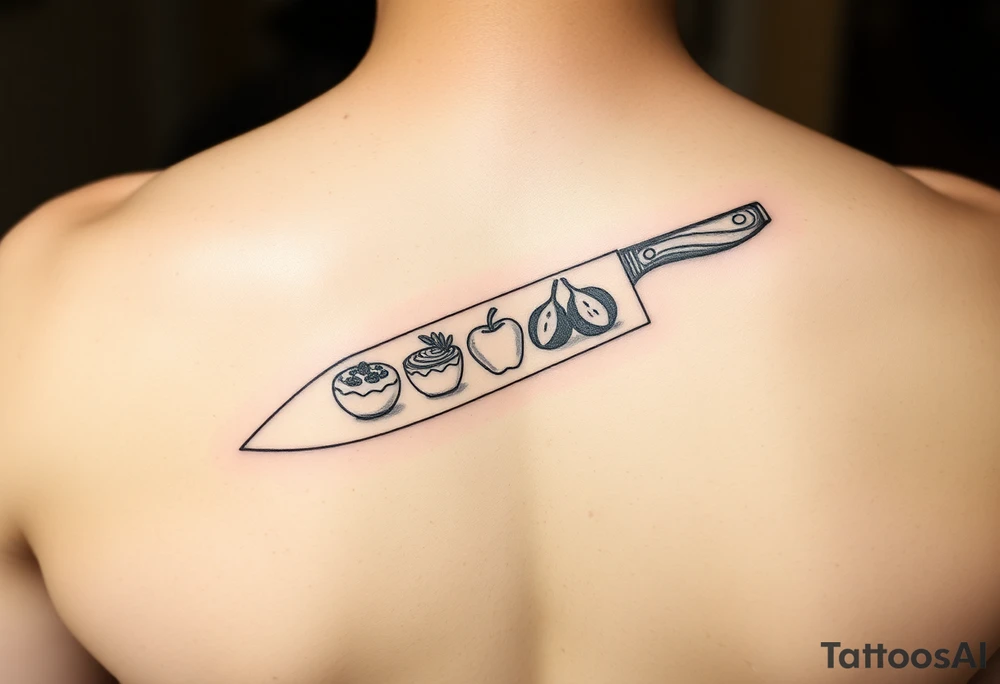 geometric fine line tattoo of a chefs knife with visual representation of the 5 tastes tattoo idea