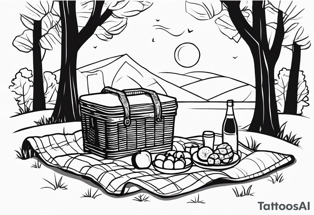 Black and white minimalstic picnic scene in nature. A blanket on the ground with picnic-basket with lid, pillows and party tennants. Thin lines. tattoo idea