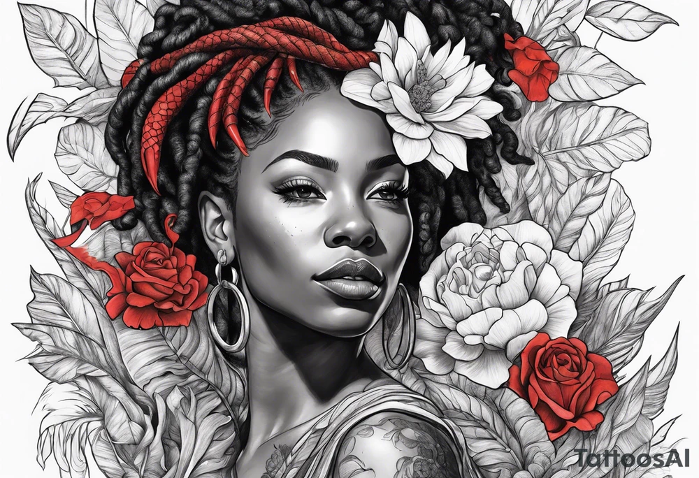 Black woman with locs and flowers with red dragon tattoo idea