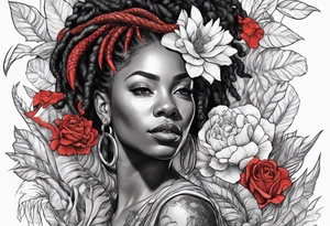 Black woman with locs and flowers with red dragon tattoo idea