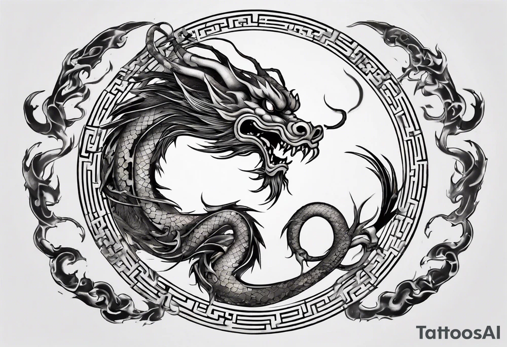 Chinese dragon in a circular shape with "02.03" written on its skin tattoo idea