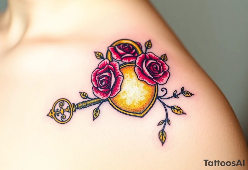 A rose-covered golden lock with a floral-shaped key lying nearby, with vines wrapping gently around them tattoo idea