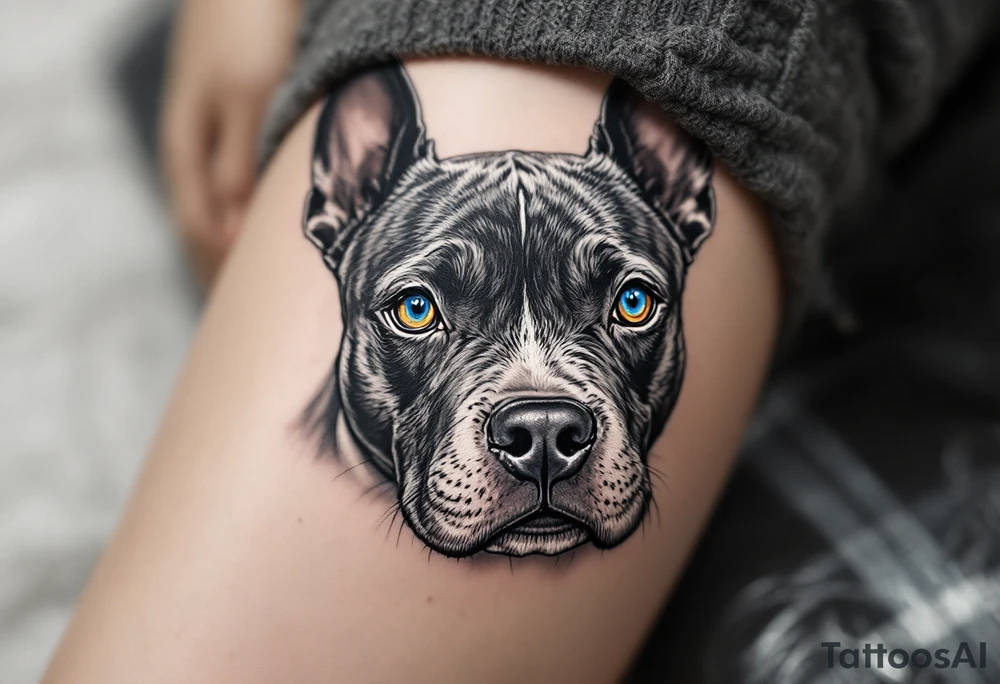 Black Ink Realism with Eye Color Pop – A fully black-and-gray realistic Staffordshire Bull Terrier with just the eyes in vivid blue or hazel, drawing focus. tattoo idea