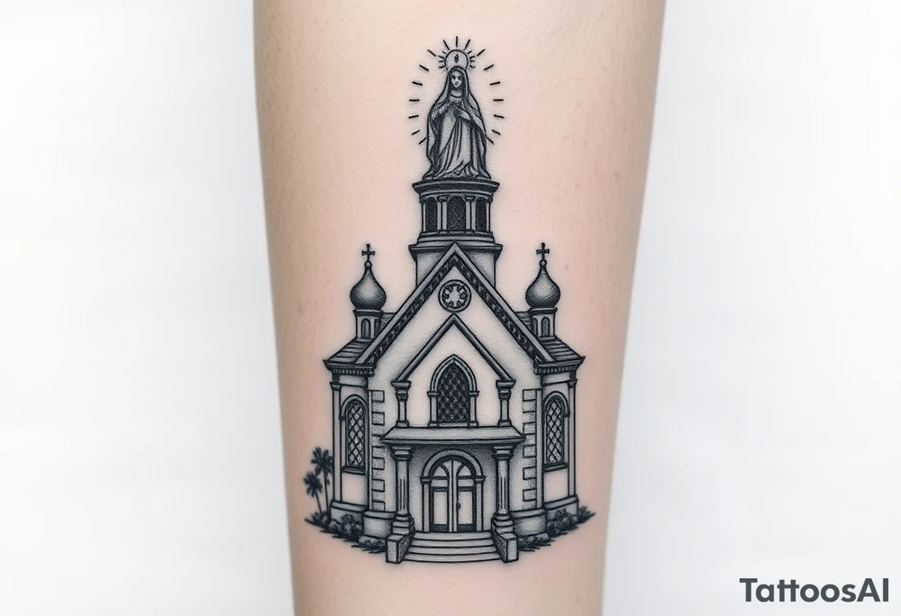 in a dorsal view a detailed orthodox church with a band at the front shrouded with a mist above and fading into a virgin mary overlooking above at the top tattoo idea