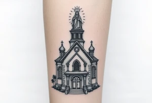in a dorsal view a detailed orthodox church with a band at the front shrouded with a mist above and fading into a virgin mary overlooking above at the top tattoo idea